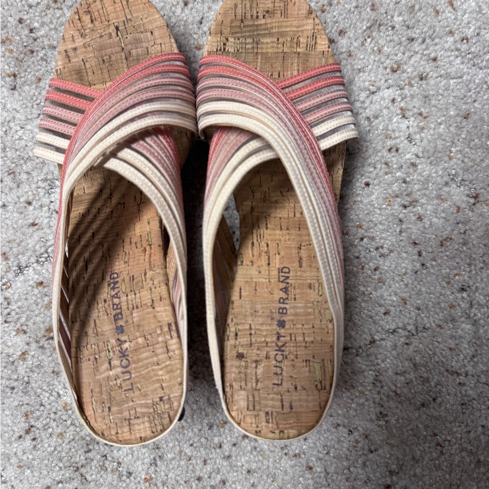 Lucky Brand Women's Cork Slide Sandals in Pink and Cream Stripes